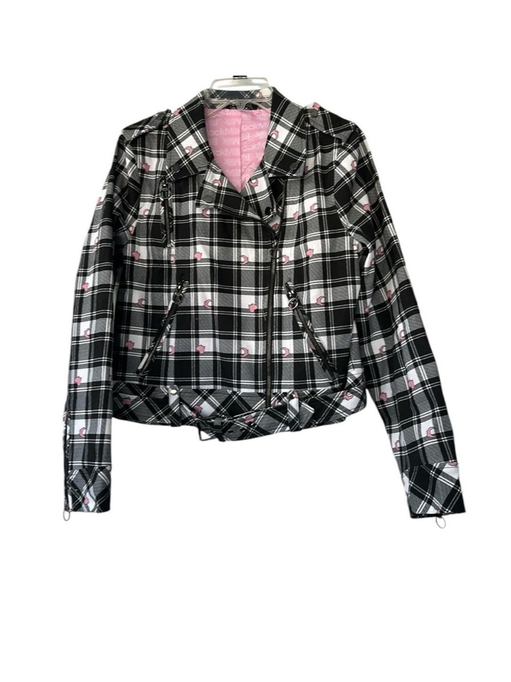 BlackMilk Tartan Heart Moto Jack Women's Size 12 Black Pink Plaid Biker NEW